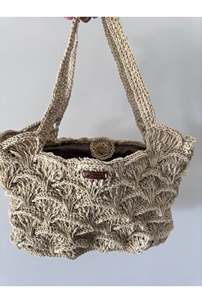 Bucci Handmade Kağıt Ip Örme Çanta / El Örgüsü Omuz Çantası / Saman Rengi Astarlı Çanta