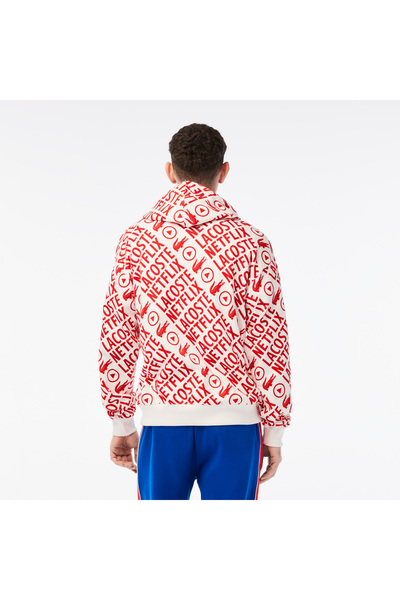 Lacoste x Netflix Erkek Loose Fit Kapüşonlu Baskılı Kırmızı Sweatshirt
