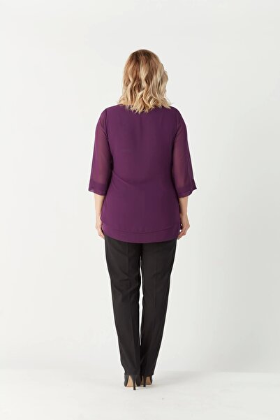 Moda Berray 1935 Zincir Yakalı Şifon Büyük Beden Şık Bluz Mürdüm