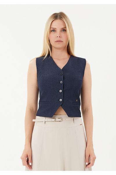 blouzella V-Neck Woven Stylish Vest with Belt Detail