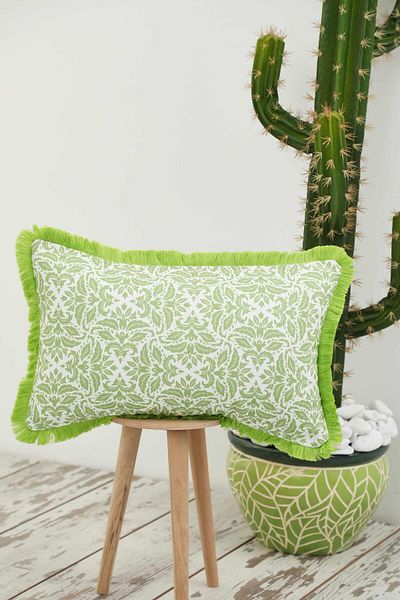Aisha's Design Pistachio Green Motif Patterned Throw Pillow Cover - Fringed Edge, 50X30 Cm, K-405