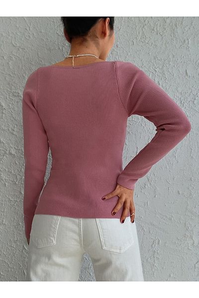 İpeksi Silky Women's Pink Low-Cut Square Neck Knitwear Blouse