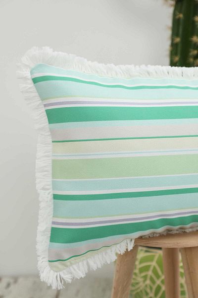 Aisha's Design Mint Colored Fringed Line Patterned Throw Pillow Cover - 50X30 Cm, K-405