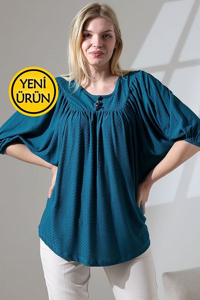 Şiir Artigas Plus Size Gathered Jacquard Knitted Blouse from the Robe - Balloon Three-Quarter Sleeve and Button Detail Oval Skirt