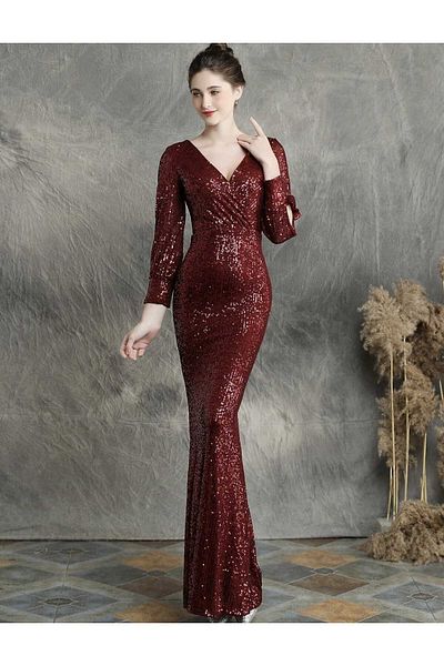 MODAS Long Sleeve Crowace Collar Pul Payet Evening Dress
