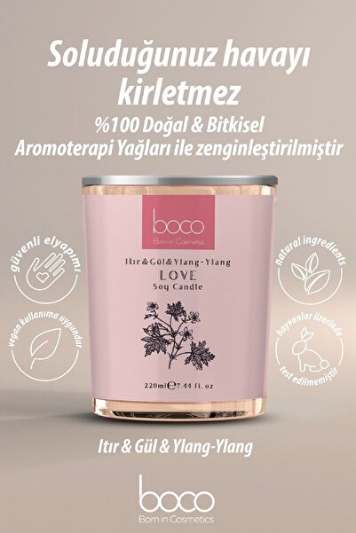 Boco Nature Vegan Aromaterapi Doğal Soya Mumu Aşk, Gül, Itır Çiçeği, Ylang Yl...