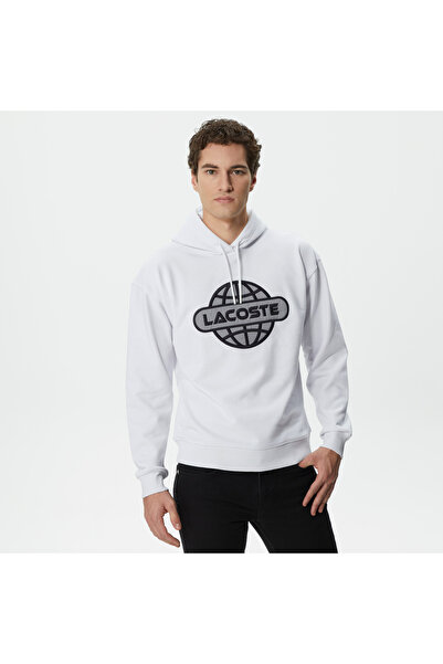 Lacoste Erkek Relaxed Fit Kapüşonlu Baskılı Beyaz Sweatshirt