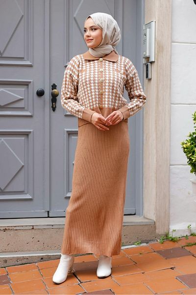 Bestenur Σετ Ζελέ Φόρεμα και Ζακέτα Mink Knitwear - 1220