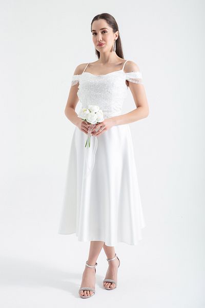 Lafaba Weißes, ausgestelltes Midi-Abendkleid mit Riemchen für Damen