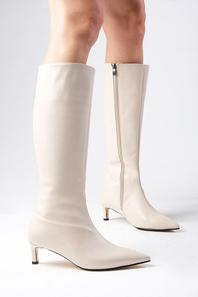 Mio Gusto Carolina Beige Color Zippered, Thin Faux Fur Lined Short Heeled Women's Boots