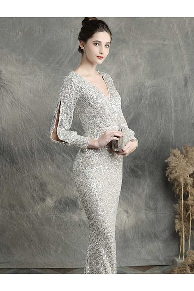 MODAS Long Sleeve Crowace Collar Pul Payet Evening Dress