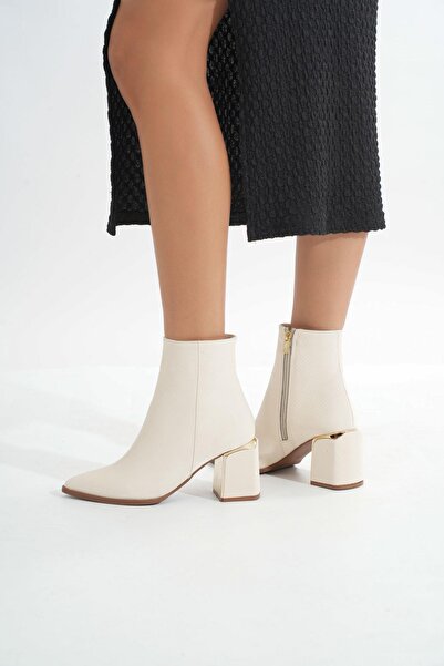 Aymood Dnz-409 Beige Zippered Heeled Women's Daily Boots