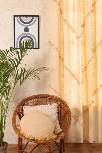 Perdeplus Tassel Detailed Design Buldan Linen 100% Cotton Background Curtain