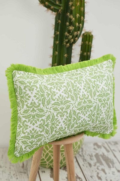 Aisha's Design Pistachio Green Motif Patterned Throw Pillow Cover - Fringed Edge, 50X30 Cm, K-405