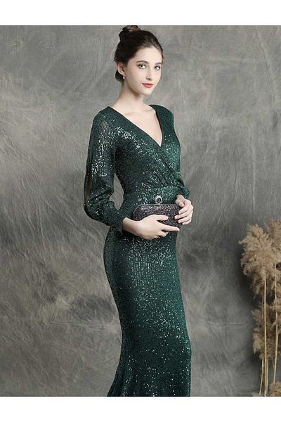 MODAS Long Sleeve Crowace Collar Pul Payet Evening Dress