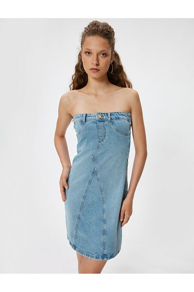 Koton Στράπλες φόρεμα A-line MiniDenim - SlimFit με κουμπιά και λεπτομέρεια ραφής