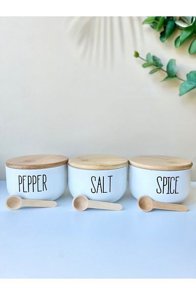 Mottogo 3-Piece Bamboo Lid Glass Spice Bowl Set Pepper| Spice| Salt