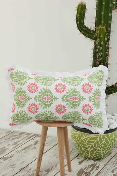 Aisha's Design Pistachio Green Damask Patterned Throw Pillow Cover - Fringed Edge, 50X30 Cm, K-405