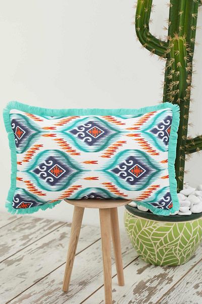 Aisha's Design Blue Ikat Patterned Fringed Throw Pillow Cover 50X30 cm - K-405