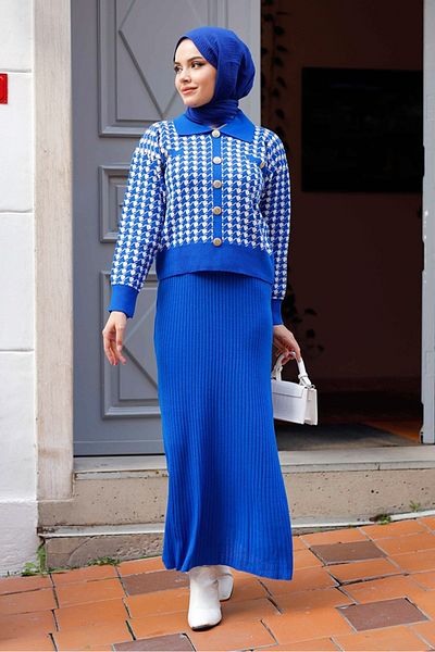 Bestenur Σετ φόρεμα και ζακέτα Saks Blue Gel - 1220