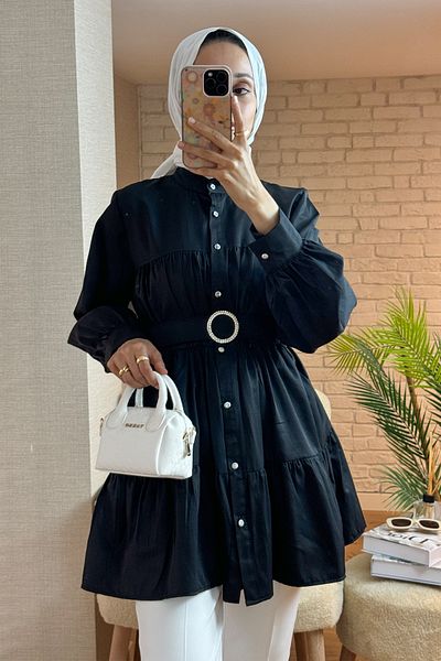 Salih Çelebi 2140 Black Layered Tunic - Belt Detailed