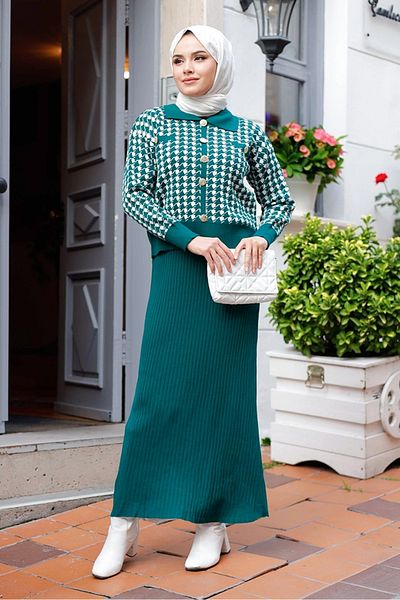 Bestenur Emerald Green Gel Knitwear Σετ - Φόρεμα και Ζακέτα 1220