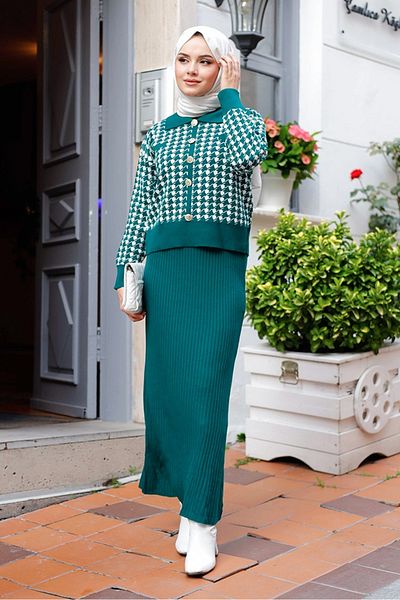 Bestenur Emerald Green Gel Knitwear Σετ - Φόρεμα και Ζακέτα 1220