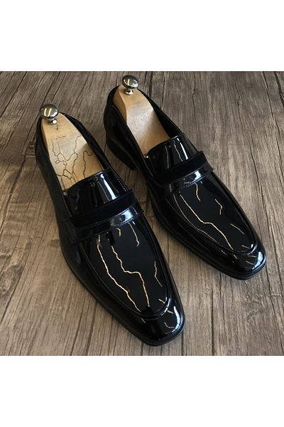 TerziAdemAltun Costum de mire în stil italian Pantofi bărbați din piele lăcuită Negru T4819
