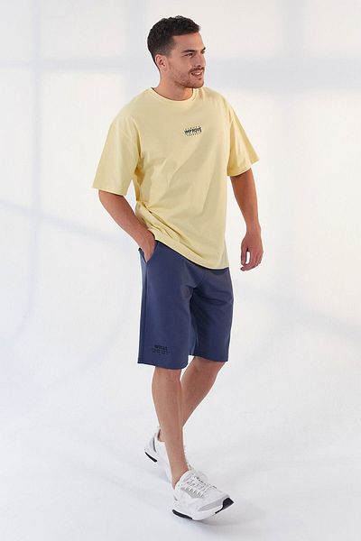 TOMMY LIFE Ανδρικό μπλουζάκι Oversize Yellow Small Text Printed O Neck - 87985
