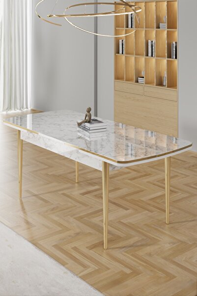 Canisa Rada Serisi 80x132 Açılabilir Lak Panel Beyaz Mermer Desen Masa 6 Cappucino Sandalye Gold Detay