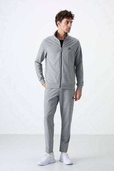 TOMMY LIFE Γκρι Melange Stand γιακά με φερμουάρ Comfortable Form Classic ανδρική φόρμα αθλητικής φόρμας - 85072