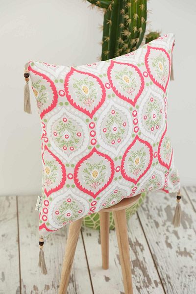 Aisha's Design Soft Red Drop Patterned Throw Pillow Cover - Tassel and Bead Detail, 45X45 Cm, K-406
