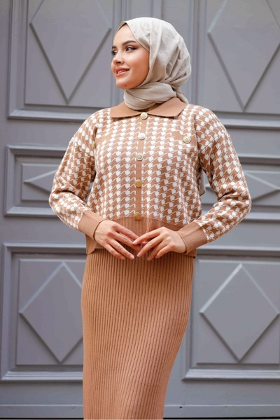 Bestenur Mink Knitwear Gel Dress and Cardigan Set - 1220