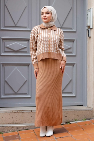 Bestenur Mink Knitwear Gel Dress and Cardigan Set - 1220