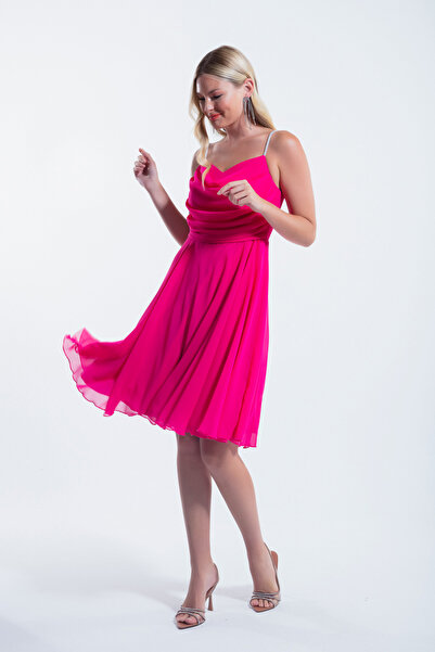 Lafaba Fuchsia Stoned Midi Women's Evening Dress - Strappy