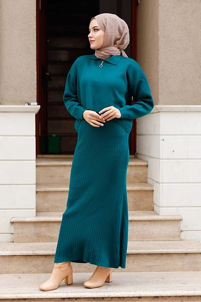 Bestenur Emerald Green Peyda Dress and Sweater Double Knitwear Set 1222
