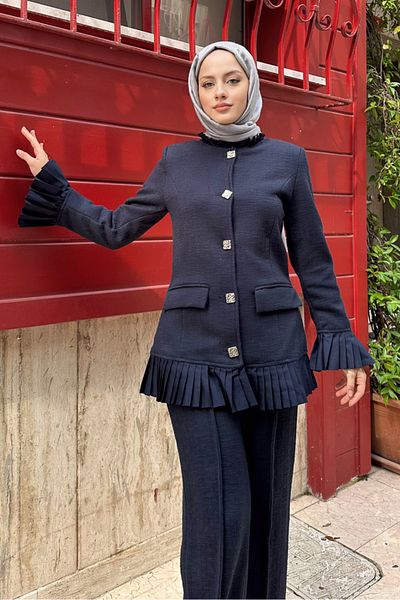 Oven Πλεκτό Σετ με Λεπτομέρεια Πλισέ - Navy Blue