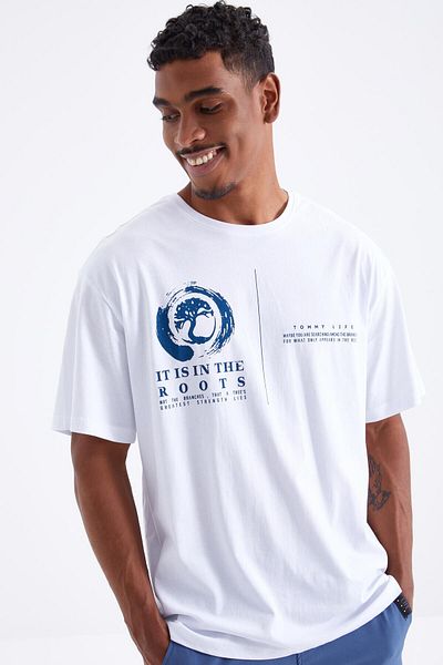 TOMMY LIFE Λευκό Minimal Printed O Neck Ανδρικό μπλουζάκι Oversize - 88096