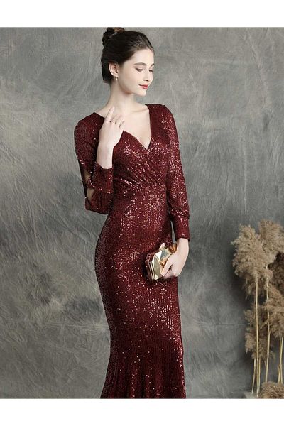 MODAS Long Sleeve Crowace Collar Pul Payet Evening Dress