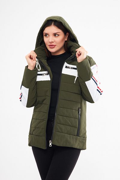 ESPİNA Women's Sleeves Striped Neck Zippered Corded Hooded Puffer Jacket