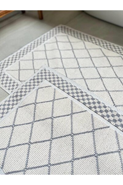 Bluenity Eylül Natural Cotton 2-Piece Bath Mat Set 60X100+50X60 cm - Gray