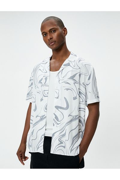 Koton Viscose PatterneD VintaGe Shirt - Short Sleeve, Turn-Down Collar, ButtoneD