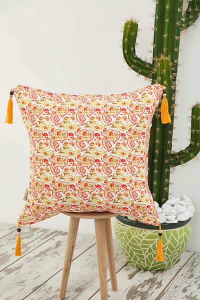 Aisha's Design Tassel and Bead Detailed Shawl Patterned Throw Pillow Cover 45X45 Cm,K-406