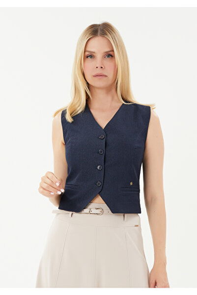 blouzella V-Neck Woven Stylish Vest with Belt Detail