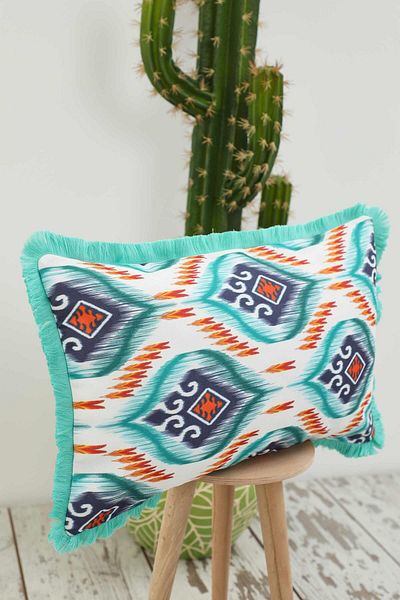 Aisha's Design Blue Ikat Patterned Fringed Throw Pillow Cover 50X30 cm - K-405
