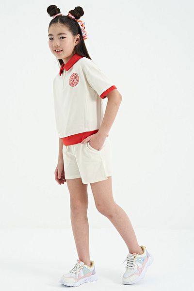 TOMMY LIFE Ecru Collared Short Sleeve Comfortable Form Girls' Shorts Set - 75131