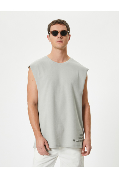 Koton Crew Neck Cotton Sleeveless T-Shirt - Basic Slogan Printed