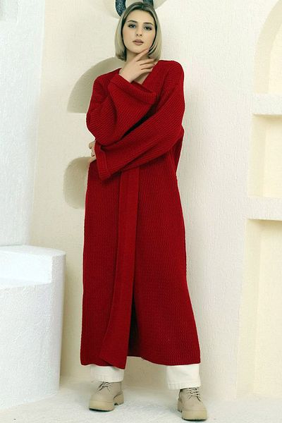LOS FECHKA V-Neck Folded Wide Long Sleeve Self-Textured Thick Full Ankle Length Winter Comfortable Knitwear Cardigan