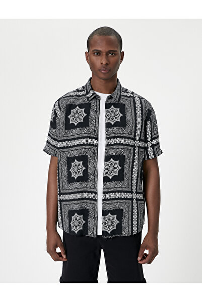 Koton VintaGe Summer Shirt - Short Sleeve, Shawl Pattern, Classic Collar, Viscose Fabric