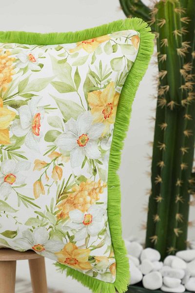 Aisha's Design Yellow Flower Patterned Fringed Throw Pillow - 45X45 Cm, K-407